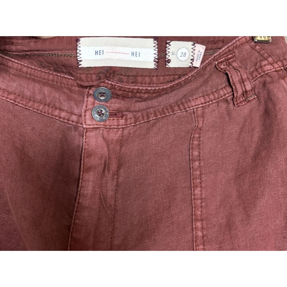 Anthropologie Hei Hei Linen Pants Roll Up Lace Embroidered Trim Rusted Red Sz 28 - Picture 5 of 8